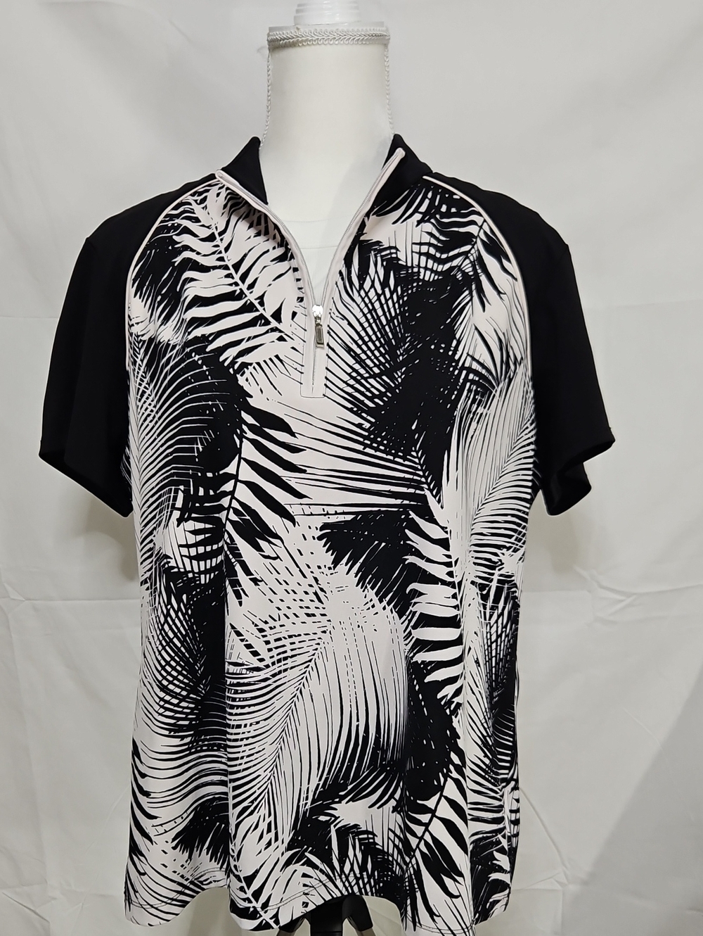 Ruby Rd. Black & White Palm-Print Quarter-Zip Polo - Picture 1 of 5